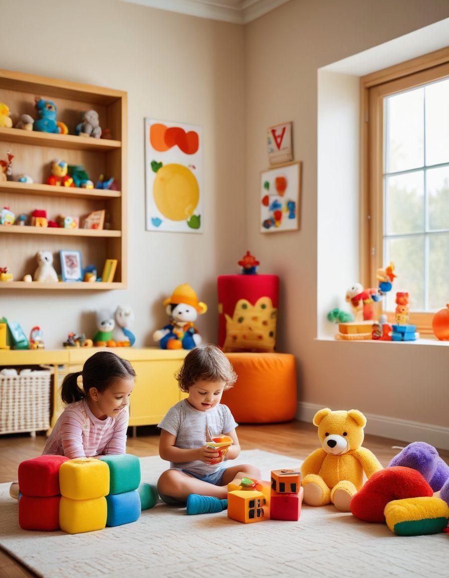 An inviting playroom scene filled with colorful, safe toys for children, showcasing a variety of age-appropriate play activities. Include a happy child exploring a soft, plush toy and another engaging with building blocks, all under soft natural light. Surround the scene with educational safety symbols like checkmarks and safety warnings in a playful manner. super-realistic. vibrant colors. cozy atmosphere.