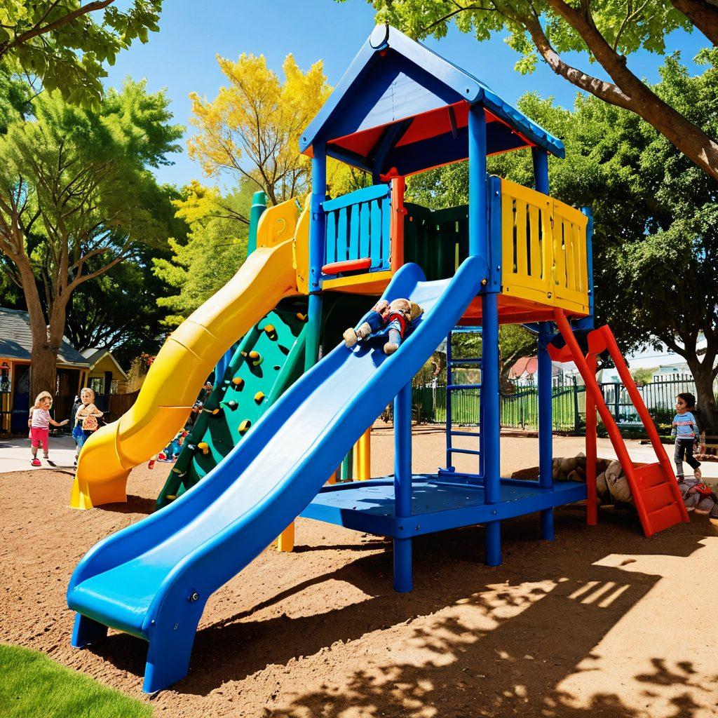 A vibrant playground filled with diverse playthings, showcasing children of different ages playing joyfully. Include a cozy toddler area with soft toys, interactive equipment for preschoolers, and adventurous structures for older kids. Emphasize bright colors, safety features, and happy expressions to convey a fun and secure environment. Capture a sunny day atmosphere with greenery in the background. super-realistic. vibrant colors.