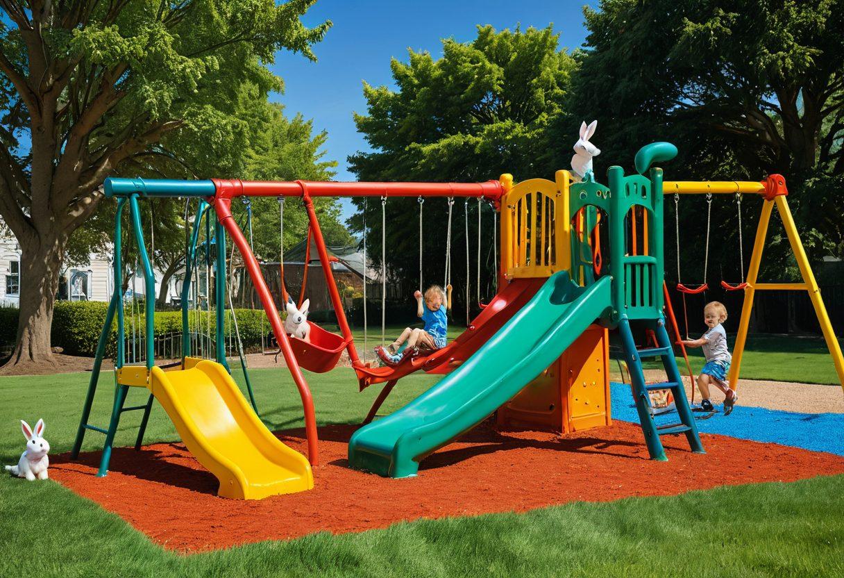 A vibrant playground scene filled with children joyfully engaging in various safe playtime activities, such as swinging, climbing, and playing tag, under a sunny sky. Include colorful play equipment and a parent supervising nearby, emphasizing a sense of fun and safety. Add playful animals like a dog or a rabbit to enhance the whimsy. super-realistic. vibrant colors.